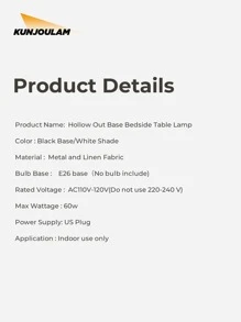 KUNJOULAM 1pc Black Metallic Hollow Out Base Table Lamp With Linen Fabric Lampshade, Use E26 Bulb, Suitable For Living Room, Bedroom - Black - View 7