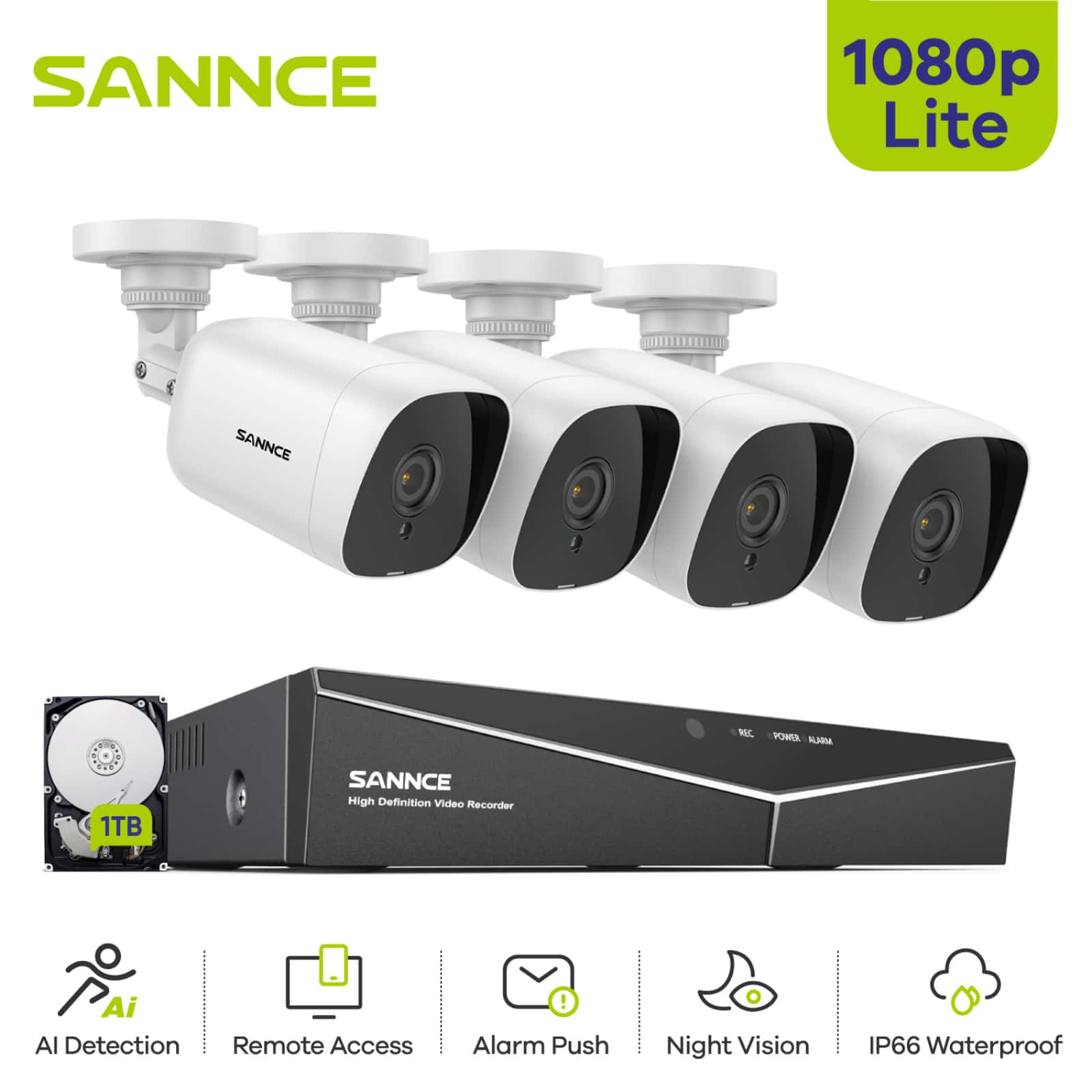 SANNCE 4CH DVR CCTV System 4Pcs 2MP IP66 Waterproof Outdoor Security Cameras 1080P HDMI-Compatible TVI CCTV DVR 1280TVL Surveillance Kit White,NO Hard Disk/1TB Drive Disk/2TB Drive Disk - 1TB - 查看 1