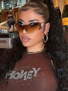 1副无框Y2K未来主义环绕式时尚眼镜沙滩配饰女士眼镜時尚眼鏡 - 棕色 - 查看 2