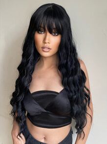 自然長款卷人造假髮帶劉海 - 黑色 - 查看 4