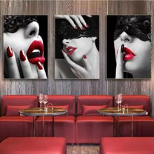 3 pièces Affiche moderne femme sexy noire et blanche avec lèvres rouges sexy. Peinture sur canevas pour décoration murale de la salle de famille sans cadre
