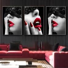 3 pièces Affiche moderne femme sexy noire et blanche avec lèvres rouges sexy. Peinture sur canevas pour décoration murale de la salle de famille sans cadre