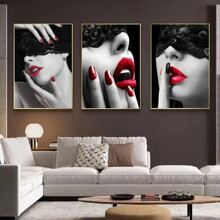 3 pièces Affiche moderne femme sexy noire et blanche avec lèvres rouges sexy. Peinture sur canevas pour décoration murale de la salle de famille sans cadre