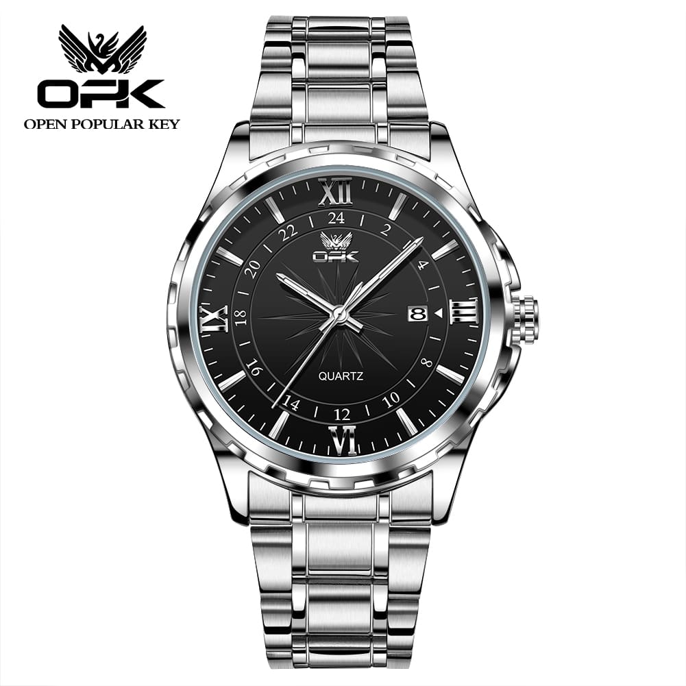 一OPK男士原始石英表防水不銹鋼時尚手錶帶日期展示
