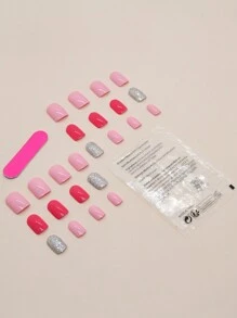 24 cái Ngắn Thanh lịch Phong cách Pháp Nhiều màu Long lanh Nghệ thuật Có thể đeo được Móng giả + 1 Miếng Giũa móng tay + 1 Miếng Thạch Keo dính - Nhiều màu - Xem 2