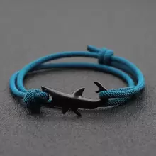 鲨鱼手链，男女通用，多层幸运黑红绳手链，情侣礼物，夏季海滩饰品，冲浪手链 - 寶藍色 - 查看 4