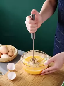 1pc Stainless Steel Semi-automatic Egg Beater With Rotating Whisk, Manual Egg Beater Mixing Tool For Cream, Butter And Eggs, Baking Kitchen Gadget, Packed In Opp Bag, Length 31.5cm - Silver - View 3