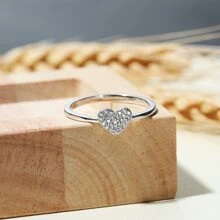 1pc Simple S925 Silver Small White Rhinestone Heart Ring For Women, Brides, Engagement, Dating Gift Wedding Bridal Jewelry Valentines