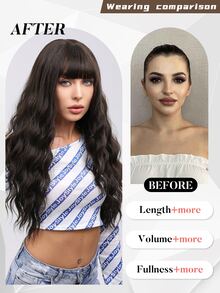 水波瀏海假髮深棕色 28英寸耐熱纖維長波浪深波合成假髮女式派對日常使用 - 棕色 - 查看 3