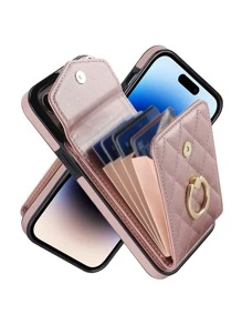 Accordion-Style Ring Mobile Phone Case With Card Slots, Attached Lanyard, Anti-Drop, Long & Short Chain