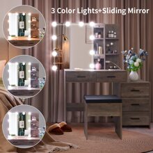 Makeup Vanity Table with Mirror Cabinet & 10 Light Bulbs, White Vanity Set with Cushioned Stool, 2 Storage Shelves 5 Storage Drawers, 43.3"L Dressing Table Dresser Desk for Women, Girls, Bedroom