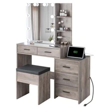 Makeup Vanity Table with Mirror Cabinet & 10 Light Bulbs, White Vanity Set with Cushioned Stool, 2 Storage Shelves 5 Storage Drawers, 43.3"L Dressing Table Dresser Desk for Women, Girls, Bedroom