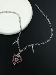 1pc Punk Vintage Heart Shaped Eye & Sword Design Pendant Necklace