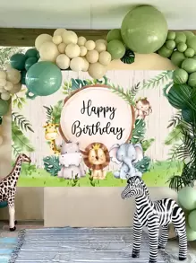 1 pieza Tela de fondo con animales de la jungla, decoración de fiesta de cumpleaños salvaje, decoración de fiesta de animales del bosque, fondo verde del bosque para baby shower, Navidad - Multicolor - Ver 1