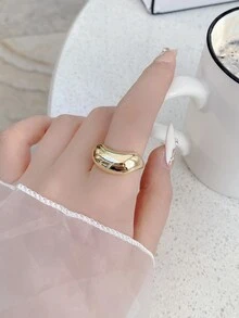 歐美風格金屬質感質感紋理圓環,S925銀橢圓形凹凸發亮的圓環,ins風格設計 - 金黃色 - 查看 4