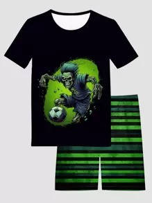Conjunto De Pijama Ajustado Con Estampado De Esqueleto Y Fútbol De Tween Boy - Multicolor - Ver 1