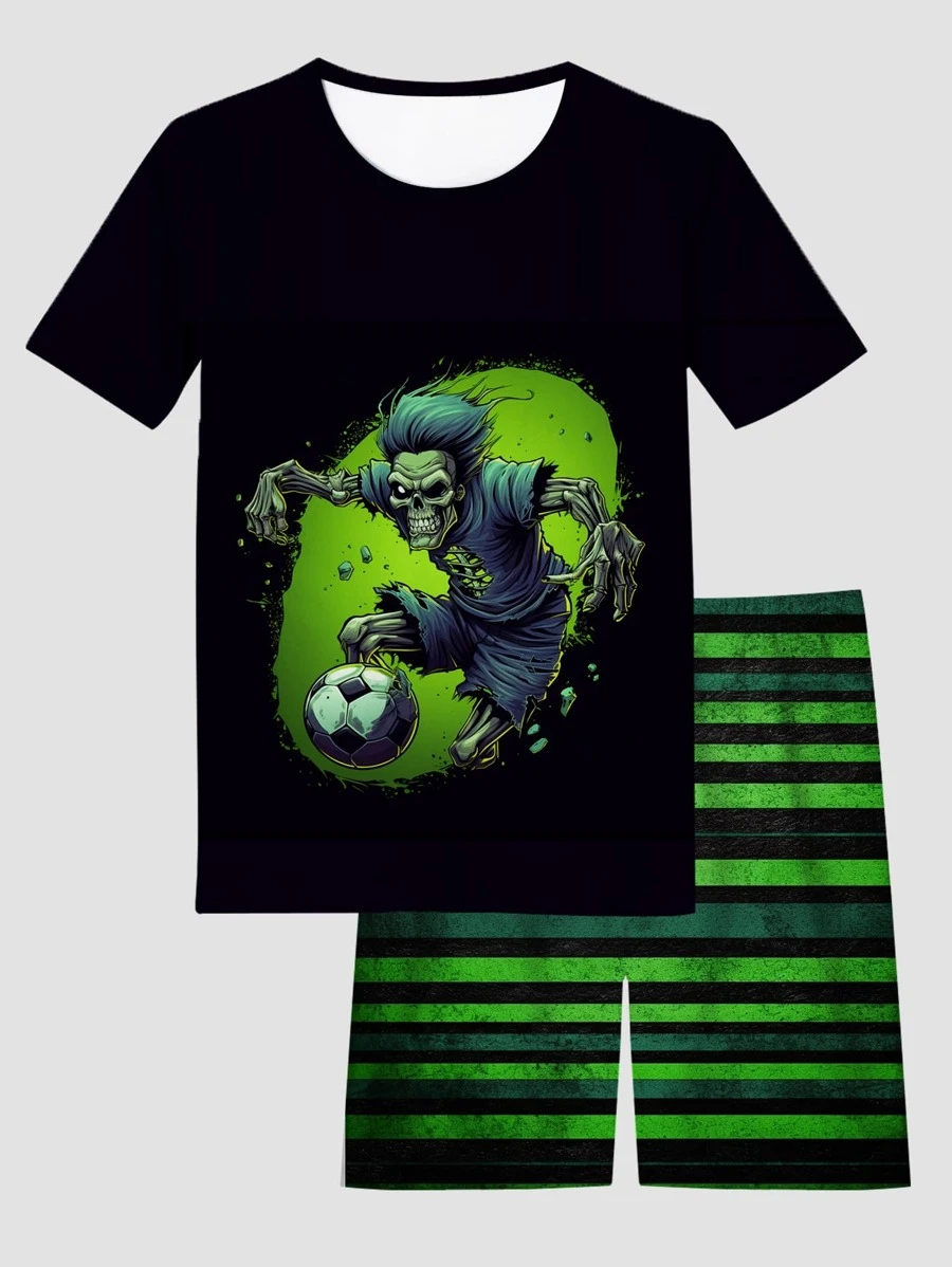 Conjunto De Pijama Ajustado Con Estampado De Esqueleto Y Fútbol De Tween Boy - Multicolor - Ver 1