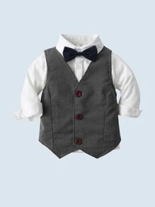 三件套婴儿服装套装 - 白色衬衫、灰色背心和带领结的裤子，适合生日派对、婚礼、节日和婴儿派对等场合。