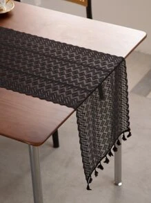 1pc Black Plaid Table Runner With Bohemian Hollow Out Wavy Lace For Tv Cabinet Decoration - Black - View 7