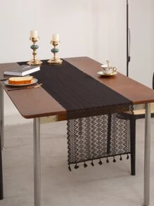 1pc Black Plaid Table Runner With Bohemian Hollow Out Wavy Lace For Tv Cabinet Decoration - Black - View 3