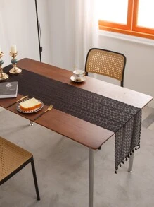 1pc Black Plaid Table Runner With Bohemian Hollow Out Wavy Lace For Tv Cabinet Decoration - Black - View 8