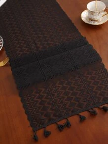 1pc Black Plaid Table Runner With Bohemian Hollow Out Wavy Lace For Tv Cabinet Decoration - Black - View 1