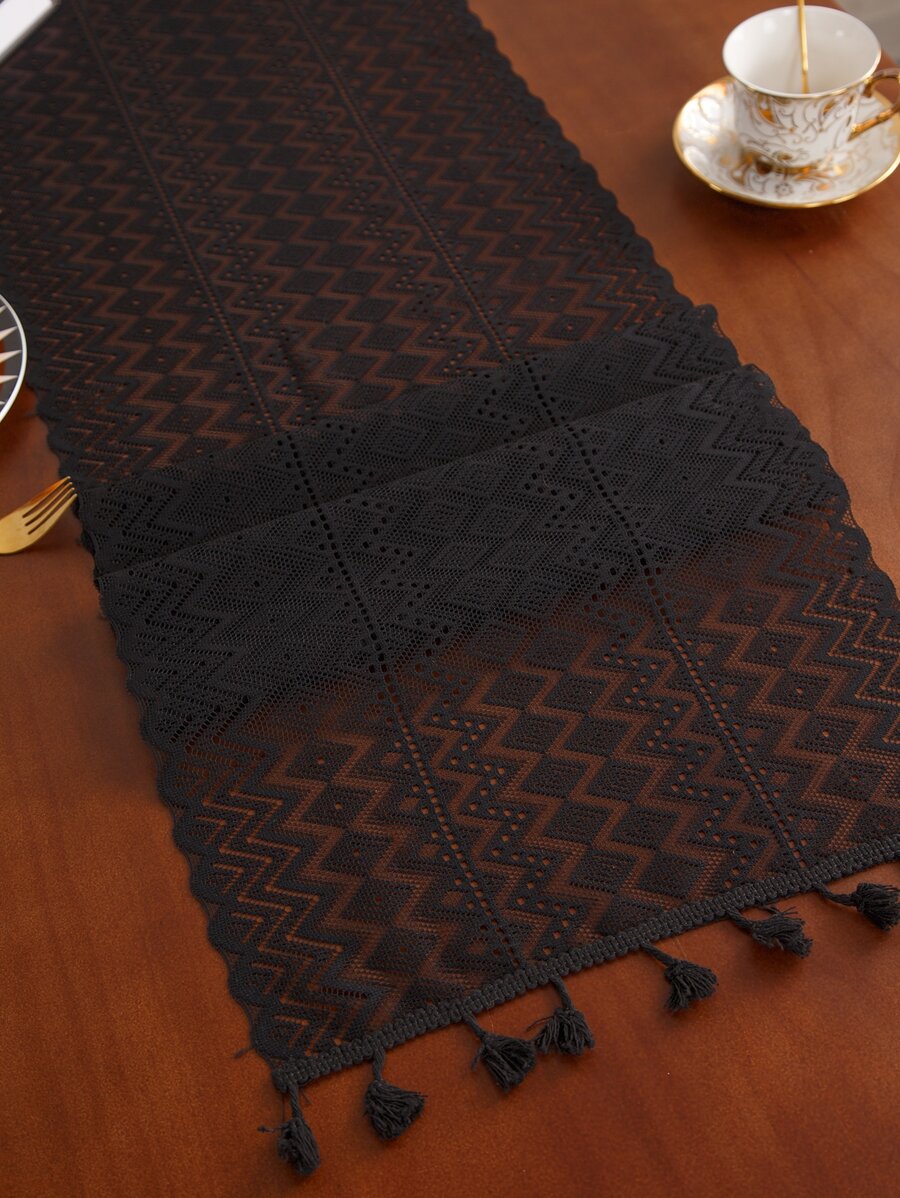 1pc Black Plaid Table Runner With Bohemian Hollow Out Wavy Lace For Tv Cabinet Decoration - Black - View 1