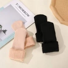 2雙女士素色毛絨內襯休閒中筒襪適合冬天