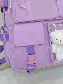 可爱学生书包，大容量拉链简约书包带熊书包小学生中学生高中生大容量双肩书包时尚休闲校园配对电脑旅行背包旅行出差度假户外运动学校学生礼物送给女朋友女儿配对电脑书包旅行背包旅行出差度假户外运动学校 - 紫色 - 查看 4