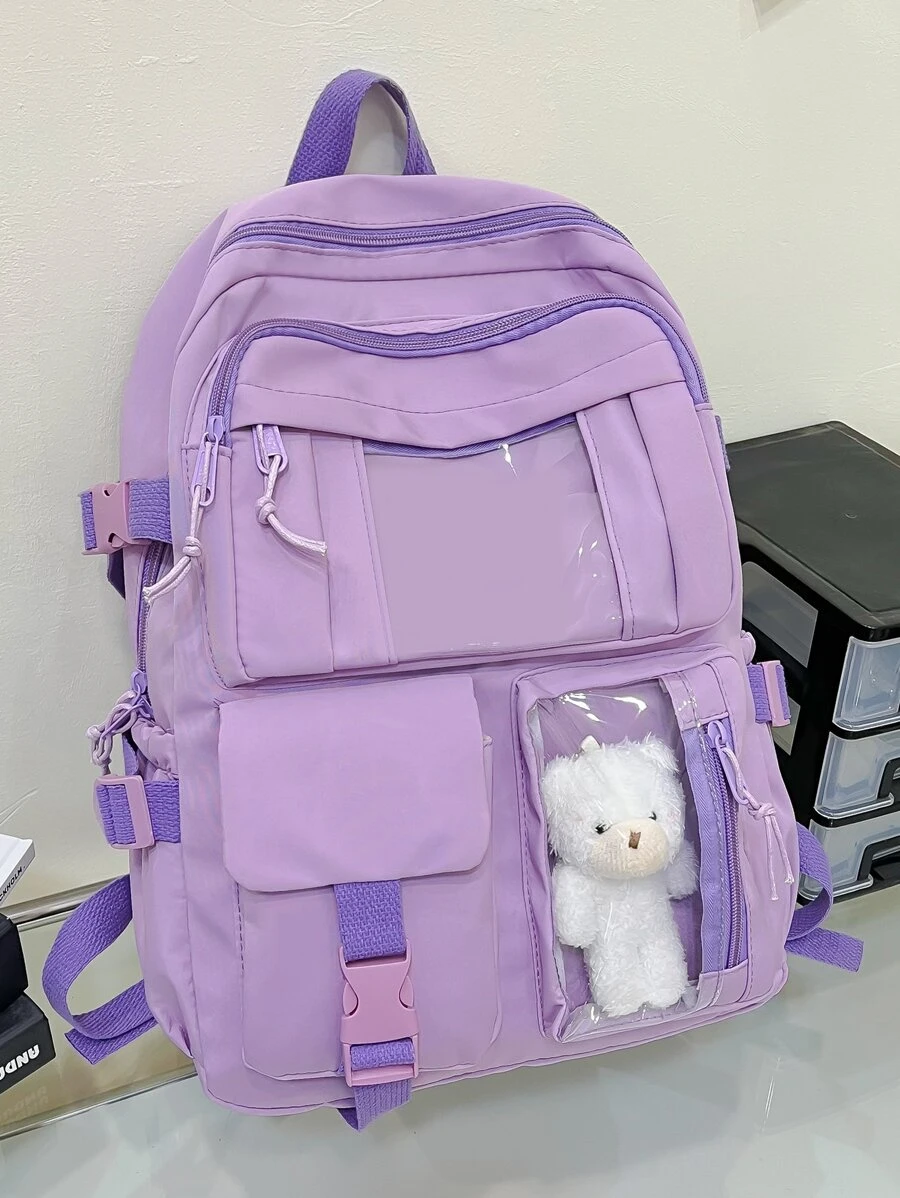 可爱学生书包，大容量拉链简约书包带熊书包小学生中学生高中生大容量双肩书包时尚休闲校园配对电脑旅行背包旅行出差度假户外运动学校学生礼物送给女朋友女儿配对电脑书包旅行背包旅行出差度假户外运动学校 - 紫色 - 查看 1