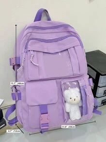 可爱学生书包，大容量拉链简约书包带熊书包小学生中学生高中生大容量双肩书包时尚休闲校园配对电脑旅行背包旅行出差度假户外运动学校学生礼物送给女朋友女儿配对电脑书包旅行背包旅行出差度假户外运动学校 - 紫色 - 查看 6