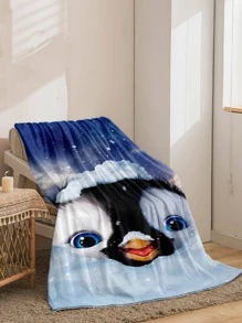 1件絨面布卡通企鵝圖案毯子,男女均適用於家居使用 - 彩色 - 查看 3