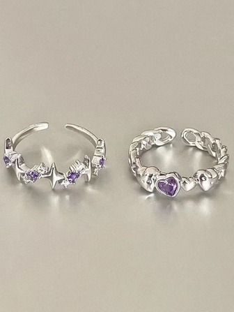 2入組時尚鋅合金可調開口心圓環帶紫色方晶鋯石,最好禮物適合女士,情侶或者朋友們