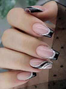 1盒假指甲帶黑色和白色法式波浪狀的圖案,極簡風格指甲貼布 - 彩色 - 查看 5