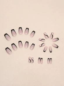 1盒假指甲帶黑色和白色法式波浪狀的圖案,極簡風格指甲貼布 - 彩色 - 查看 3