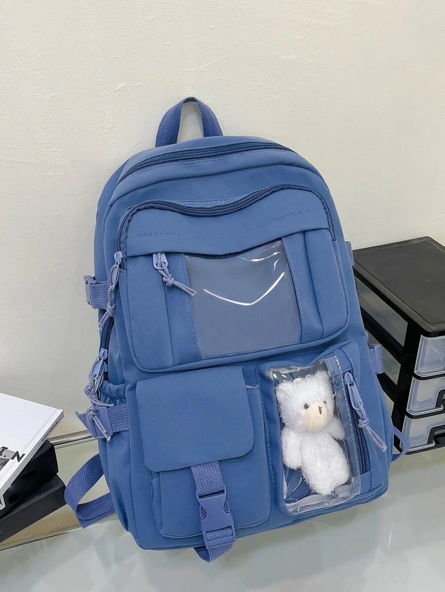 可爱学生书包，大容量拉链简约书包带熊书包小学生中学生高中生大容量双肩书包时尚休闲校园配对电脑书包旅行背包出差旅行度假户外运动学校学生礼物送给女朋友女儿配对电脑书包旅行背包旅行出差旅行度假户外运动学校 - 藍色 - 查看 1