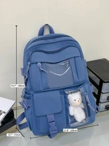 可爱学生书包，大容量拉链简约书包带熊书包小学生中学生高中生大容量双肩书包时尚休闲校园配对电脑书包旅行背包出差旅行度假户外运动学校学生礼物送给女朋友女儿配对电脑书包旅行背包旅行出差旅行度假户外运动学校 - 藍色 - 查看 5