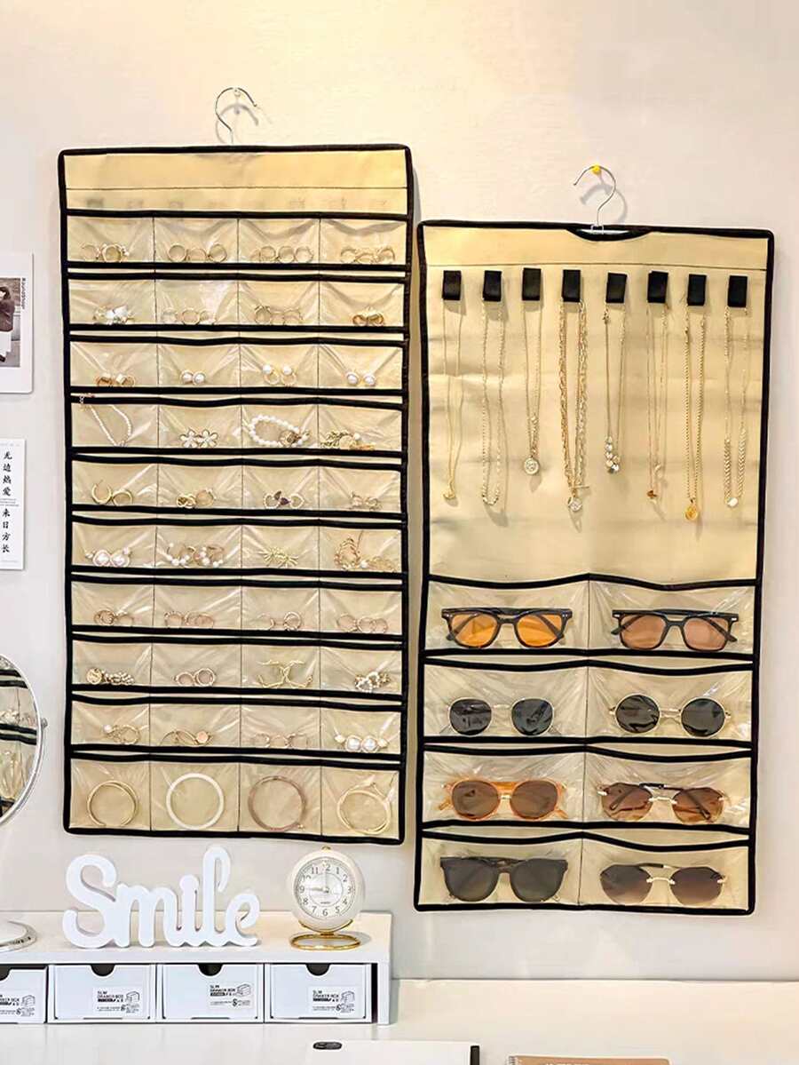 1入組掛壁式首飾類收納包帶多種網格和門掛鉤,多功能懸掛展示小袋 - 米色 - 查看 1