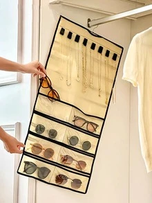 1入組掛壁式首飾類收納包帶多種網格和門掛鉤,多功能懸掛展示小袋 - 米色 - 查看 4