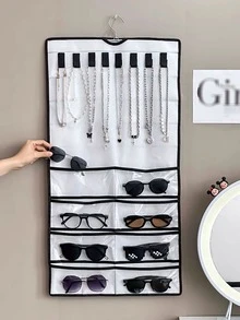 1入組掛壁式首飾類收納包帶多種網格和門掛鉤,多功能懸掛展示小袋 - 米色 - 查看 9