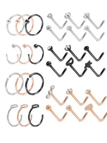 金色不锈钢鼻环 L 型鼻钉 螺纹鼻环 骨形银色套装 男女通用 20G 鼻环鼻钉 10-36 个装 - 銀色 24個鼻釘鼻環套裝 - 查看 12
