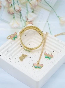 5pcs/set Cartoon Oil Drop Butterfly Shaped Alloy Necklace, Bracelet, Ring, Earrings Children's Fashion Jewelry Set For Best Friends Party Gifts