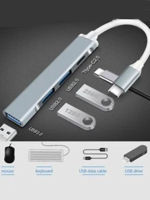 4-in-1 Mini Hub Docking Station USB 3.0 HUB Splitter Type-C Docking Station High Speed Hub Adapter For PC Laptop U Disk Card Reader Computer - Grey - View 4