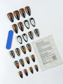 24pcs Halloween Almond Shape Artificial Nails Set With Glitter, Spider Web And Forest Ghost Design, Suitable For Party, Dance, And Daily Use - Multicolor - View 2