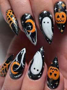 24pcs Halloween Almond Shape Artificial Nails Set With Glitter, Spider Web And Forest Ghost Design, Suitable For Party, Dance, And Daily Use - Multicolor - View 1