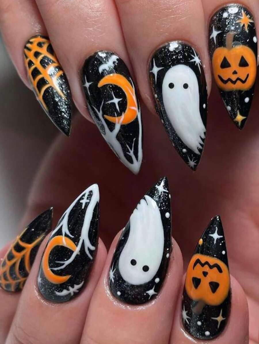 24pcs Halloween Almond Shape Artificial Nails Set With Glitter, Spider Web And Forest Ghost Design, Suitable For Party, Dance, And Daily Use - Multicolor - View 1