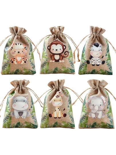 6入組叢林動物糖果亞麻袋生日派對裝飾嬰兒淋浴禮物麻布袋小包裝袋