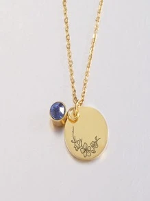 1件装女士个性化生日项链，不锈钢项链，生日石和花朵吊坠，创意设计，时尚吊坠项链，情人节、妈妈、母亲节礼物 - 金色 - 查看 7