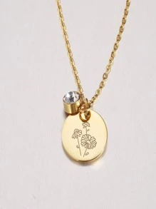 1件装女士个性化生日项链，不锈钢项链，生日石和花朵吊坠，创意设计，时尚吊坠项链，情人节、妈妈、母亲节礼物 - 金色 - 查看 5