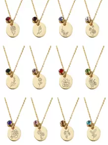 1件装女士个性化生日项链，不锈钢项链，生日石和花朵吊坠，创意设计，时尚吊坠项链，情人节、妈妈、母亲节礼物 - 金色 - 查看 1